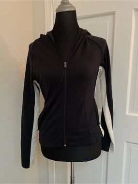 Express Black Hooded Zip-Up Jacket with White Side Panels- defects are pictured